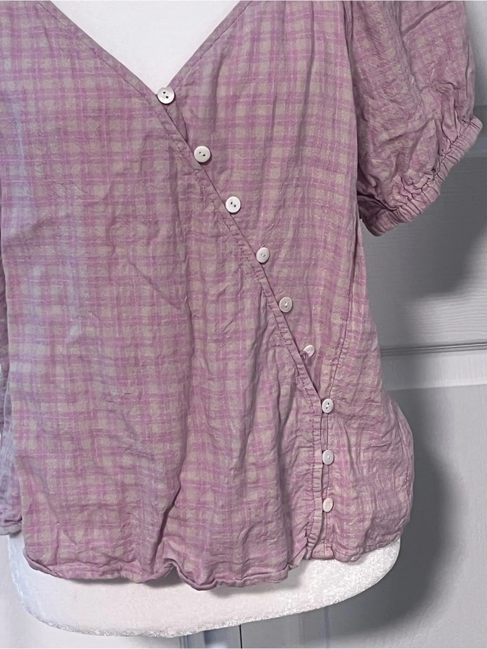 Madewell Lavender Plaid Linen-Blend Puff-Sleeve Button-Wrap Top